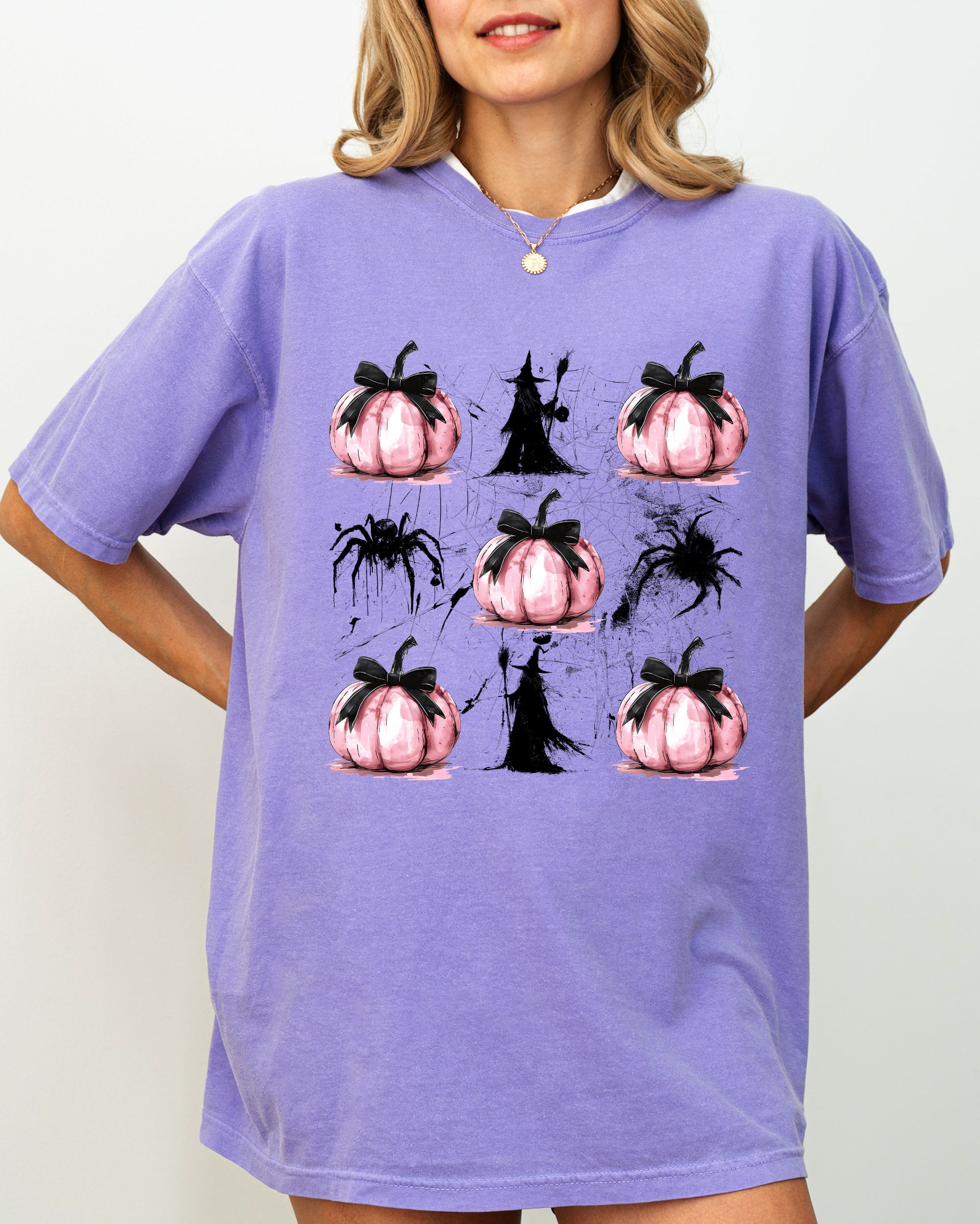Witch Spiders Pumpkins Spooky Coquette Ribbons and Bows Halloween Comfort Colors Tee