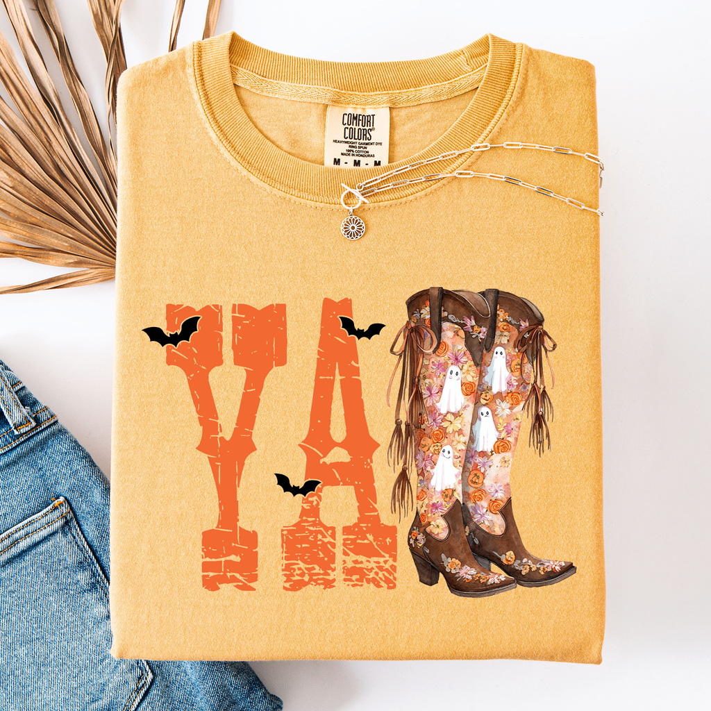 Y'all Cowboy Boots Western Halloween Autumn Fall Watercolor Graphic Comfort Colors Tee