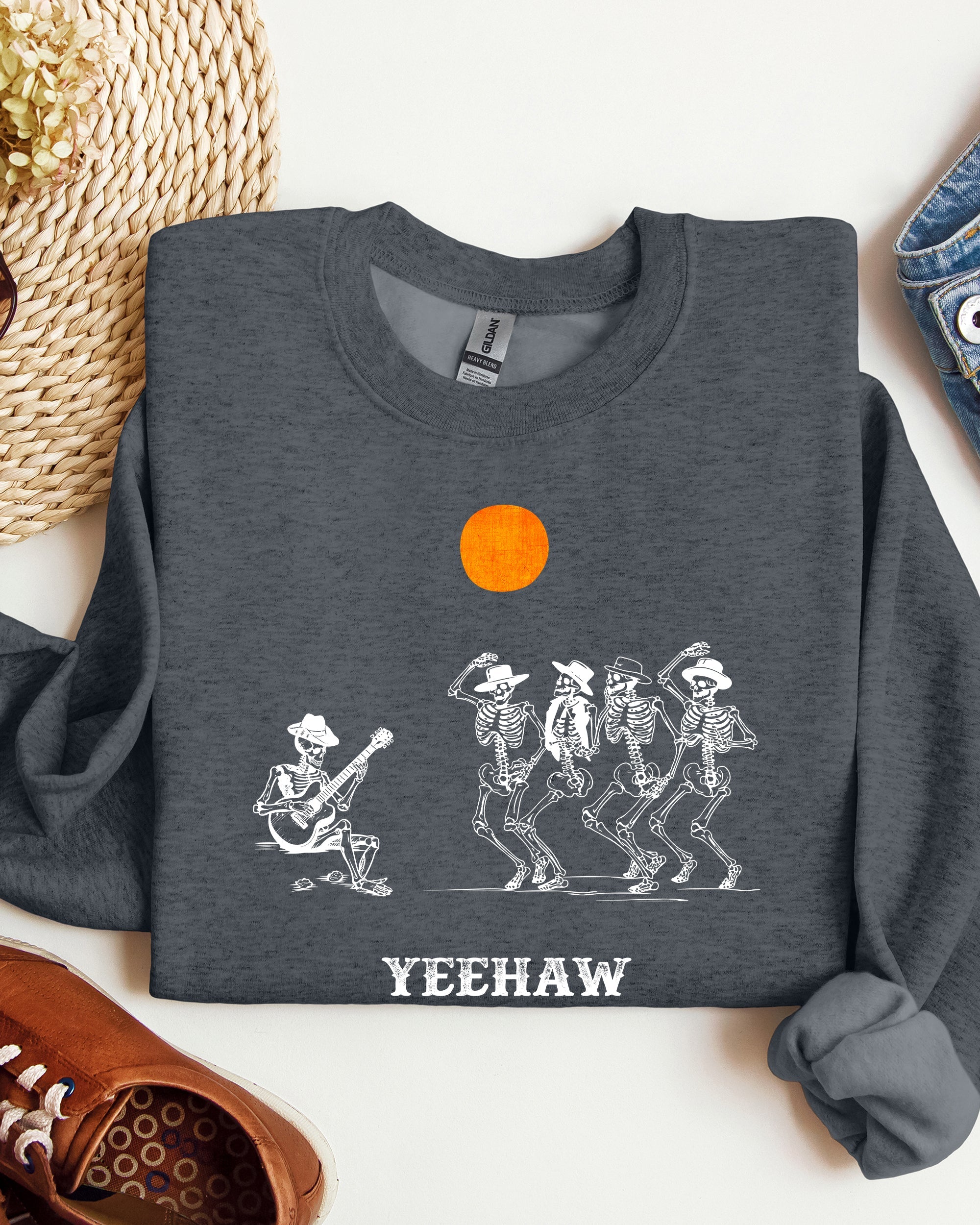 Yeehaw Dancing Skeletons Halloween Country Western Cowboys Day Of The Dead Inspired Sweatshirt