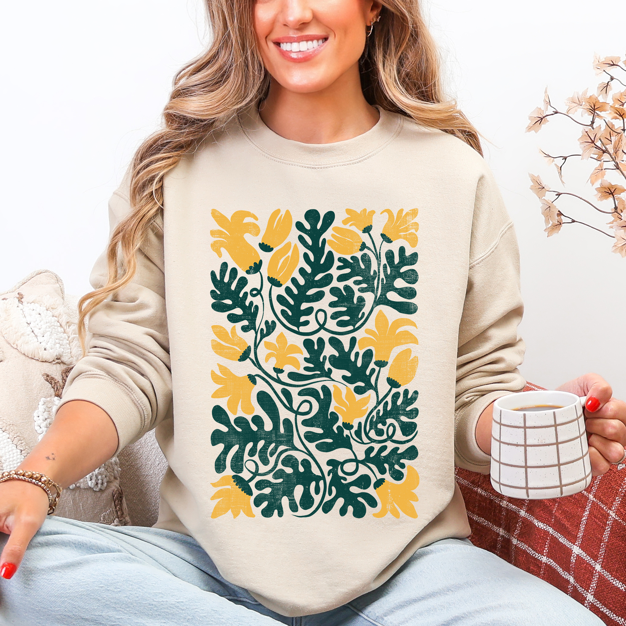 Yellow Floral Leaf Botanical Sunflowers Pumpkins Autumn Vintage Boho Nature Sweatshirt