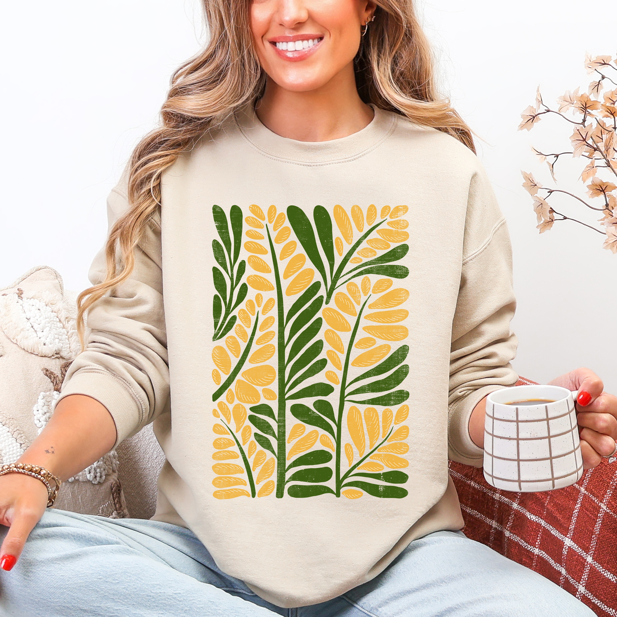 Yellow Leaf Botanical Pattern Vintage Boho Nature Autumnal Motif Landscape Inspired Sweatshirt