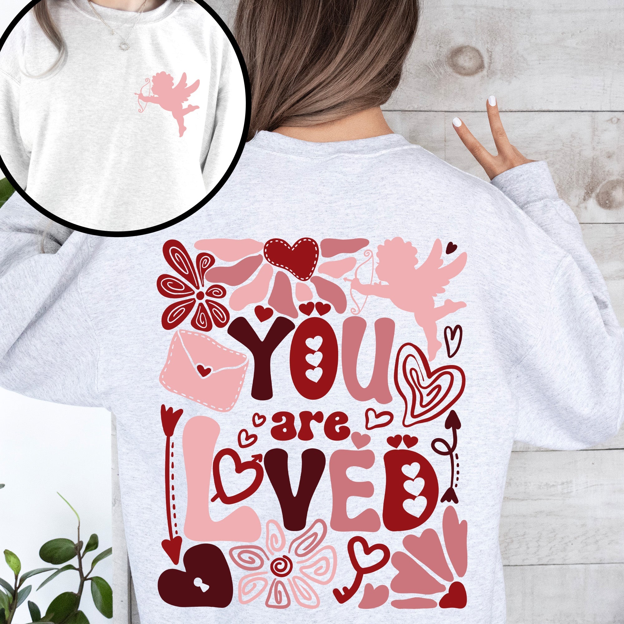 You Are Loved Cupid Valentine's Day Hearts Front And Back Print Radiant Sweatshirt