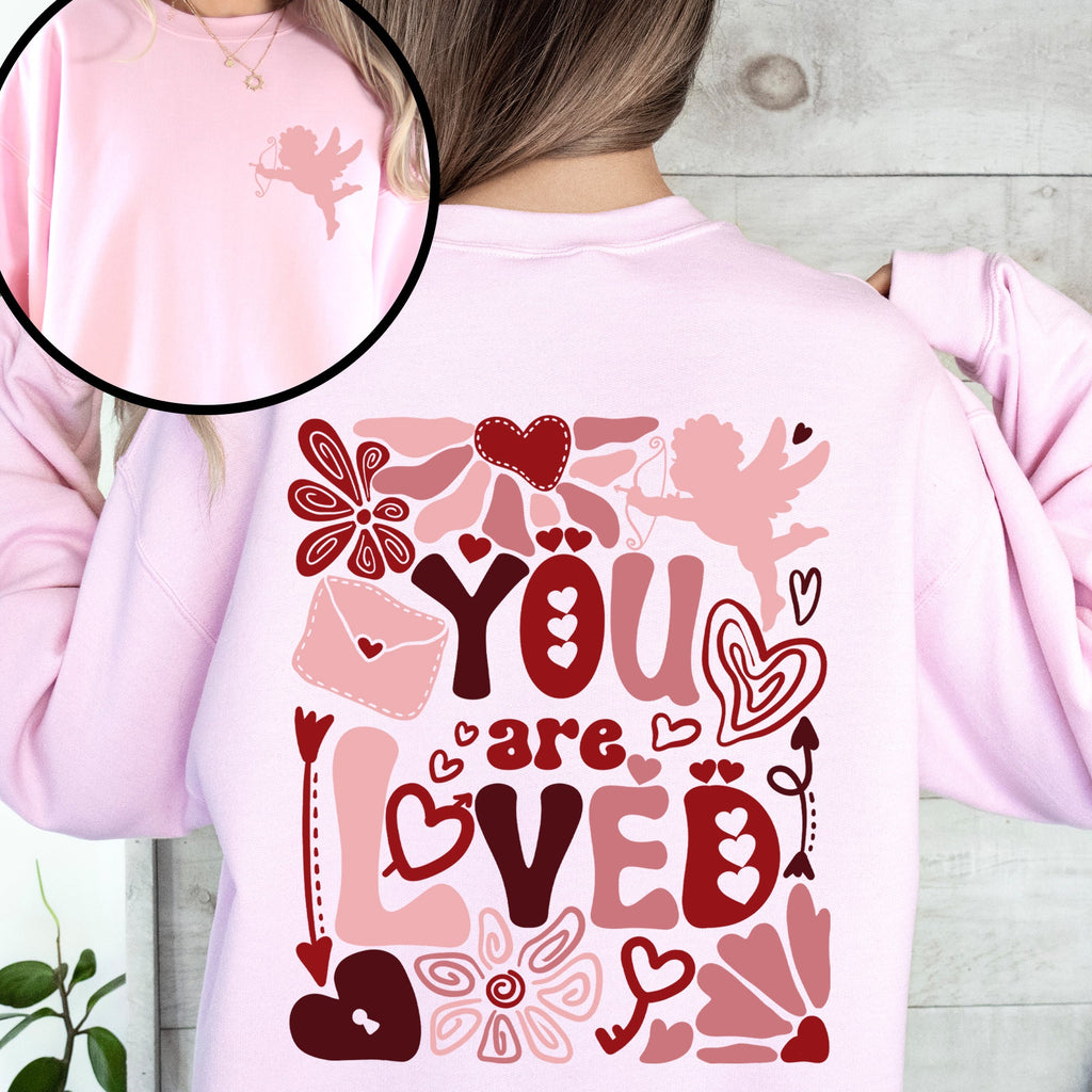 You Are Loved Cupid Valentine's Day Hearts Front And Back Print Radiant Sweatshirt
