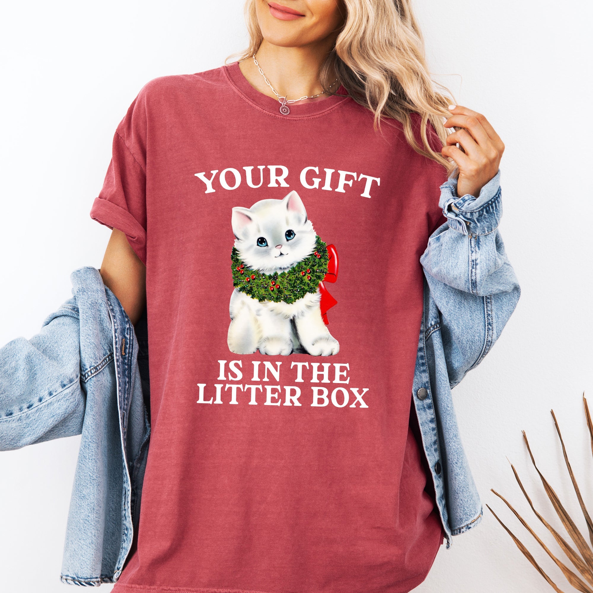 Your Gift Is In The Litter Box Cat Christmas Naughty Funny Snow Santa Xmas Comfort Colors Tee