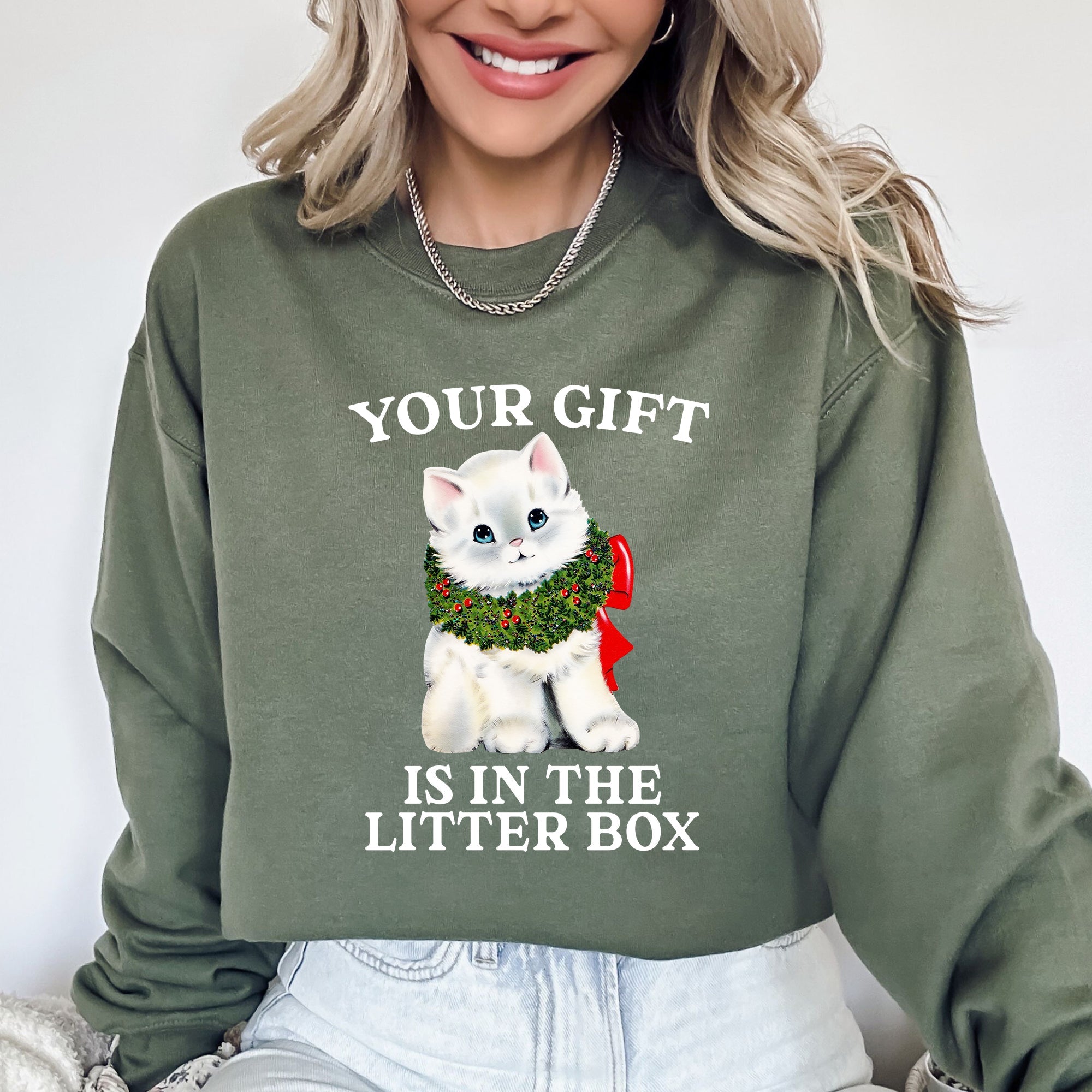 Your Gift Is In The Litter Box Cat Christmas Naughty Funny Snow Santa Xmas Sweatshirt
