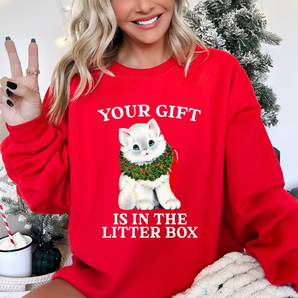 Your Gift Is In The Litter Box Cat Christmas Naughty Funny Snow Santa Xmas Sweatshirt