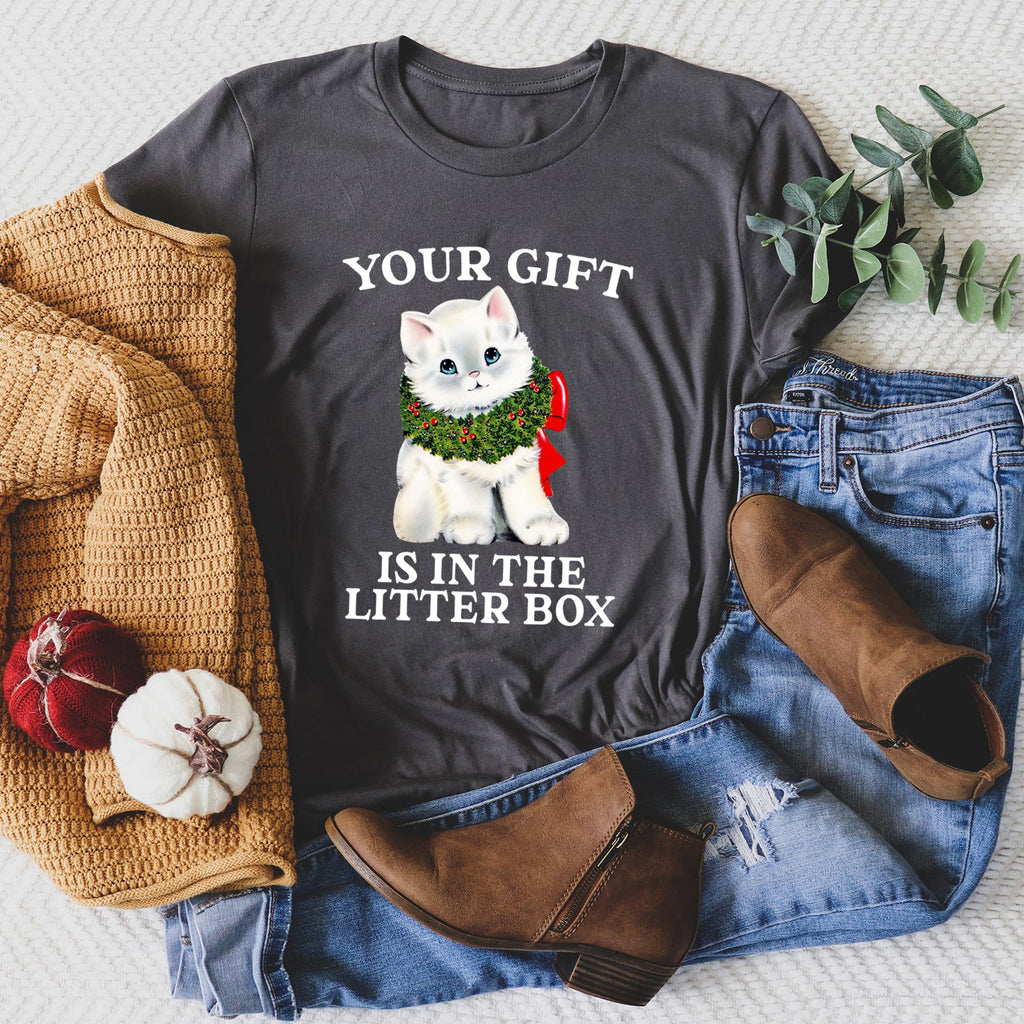 Your Gift Is In The Litter Box Cat Christmas Naughty Humor Limited Edition Graphic Tee