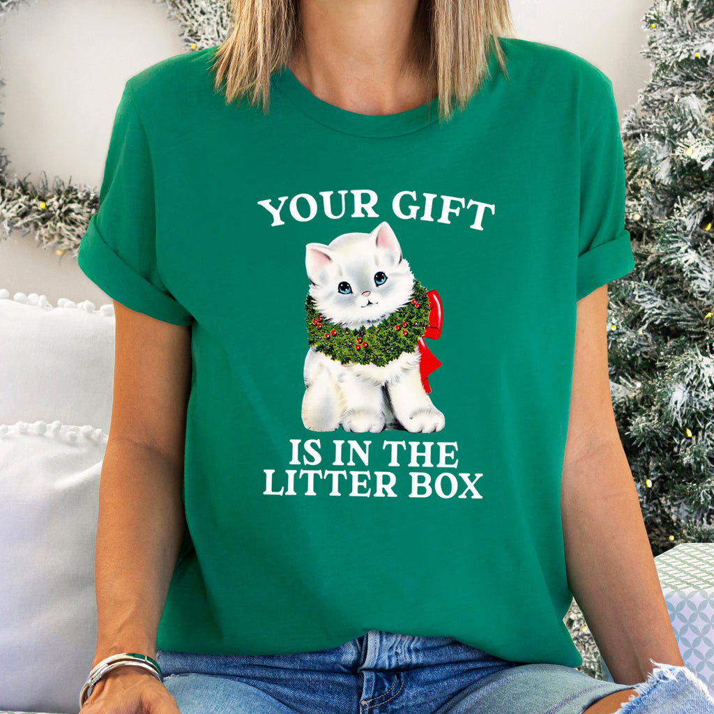 Your Gift Is In The Litter Box Cat Christmas Naughty Humor Limited Edition Graphic Tee