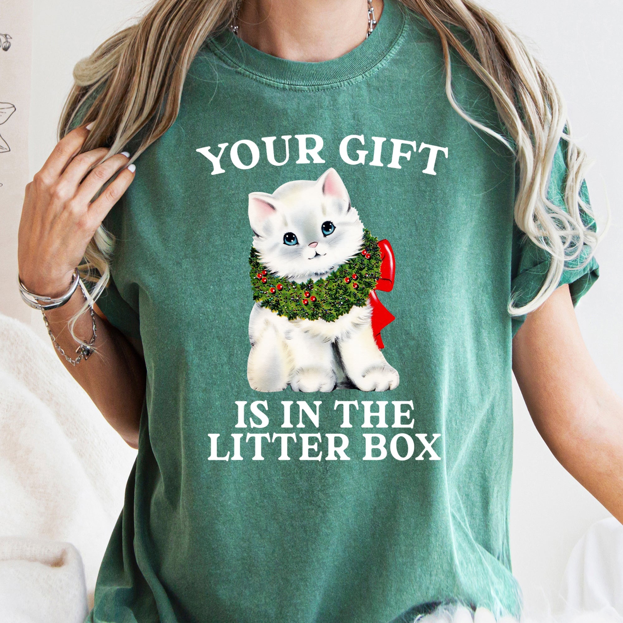 Your Gift Is In The Litter Box Cat Christmas Naughty Holiday Humor Comfort Colors Tee