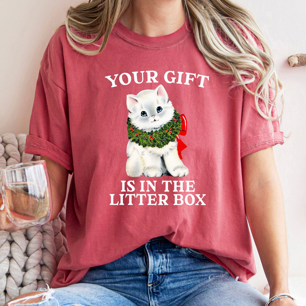 Your Gift Is In The Litter Box Cat Christmas Naughty Holiday Humor Comfort Colors Tee