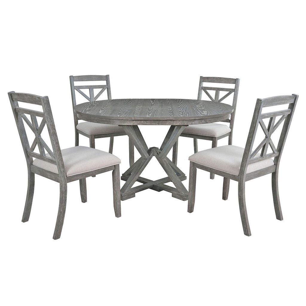 Dining Set With Extendable Round Table And 4 Upholstered Chairs
