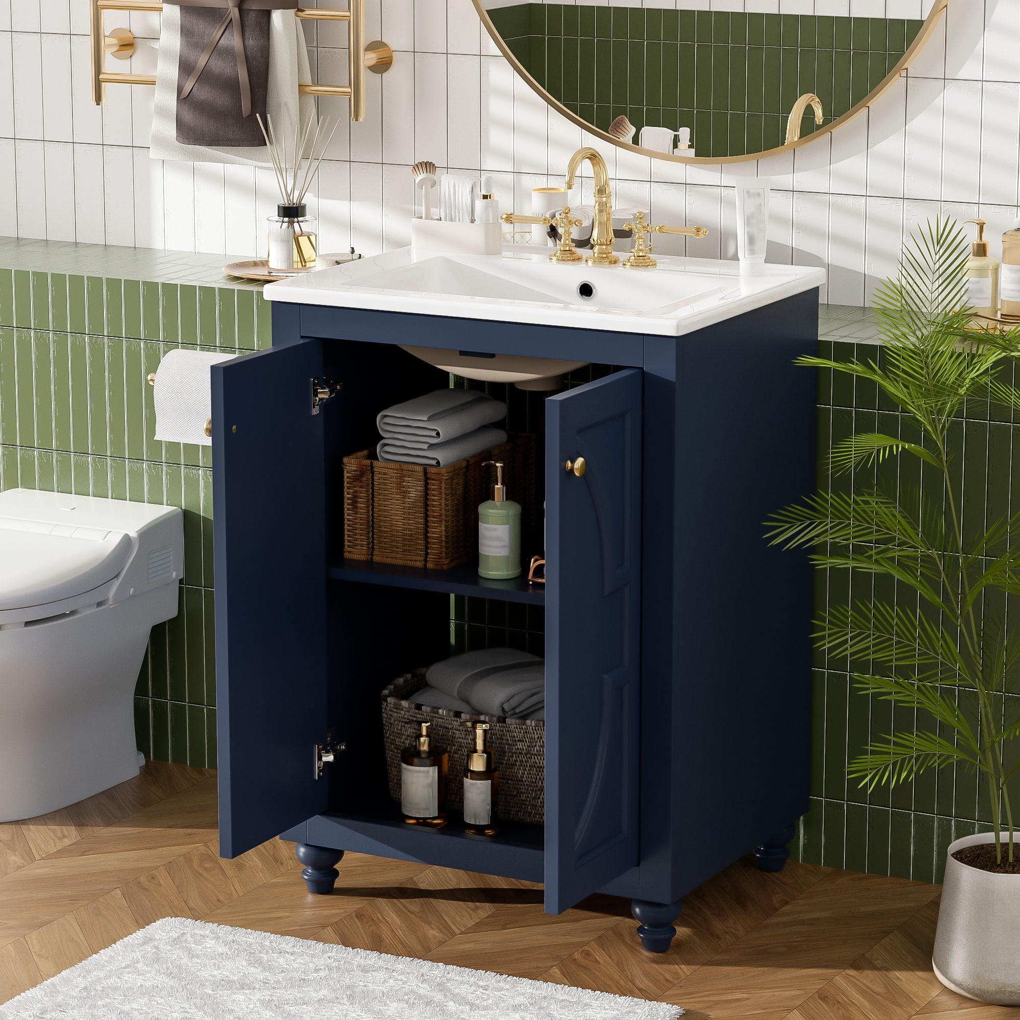 Bathroom Vanity With Ornate Elliptical Motif, Soft Close Hinges