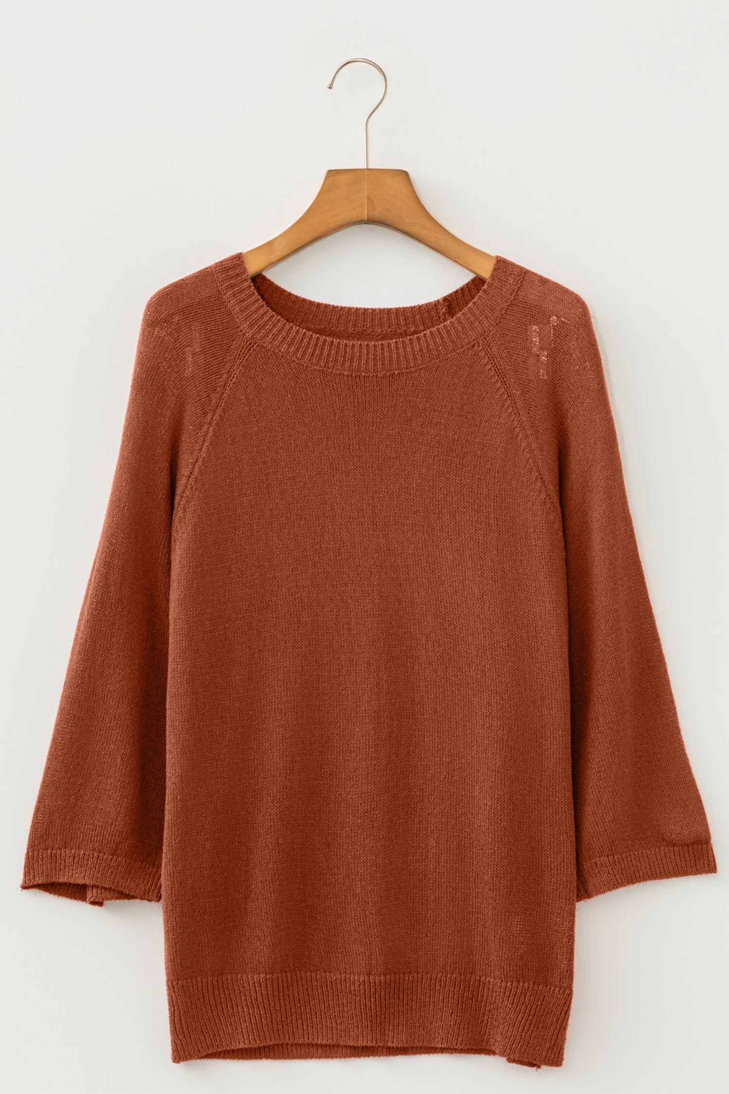 Ribbed Knit Round Neck 3/4 Sleeve Sweater