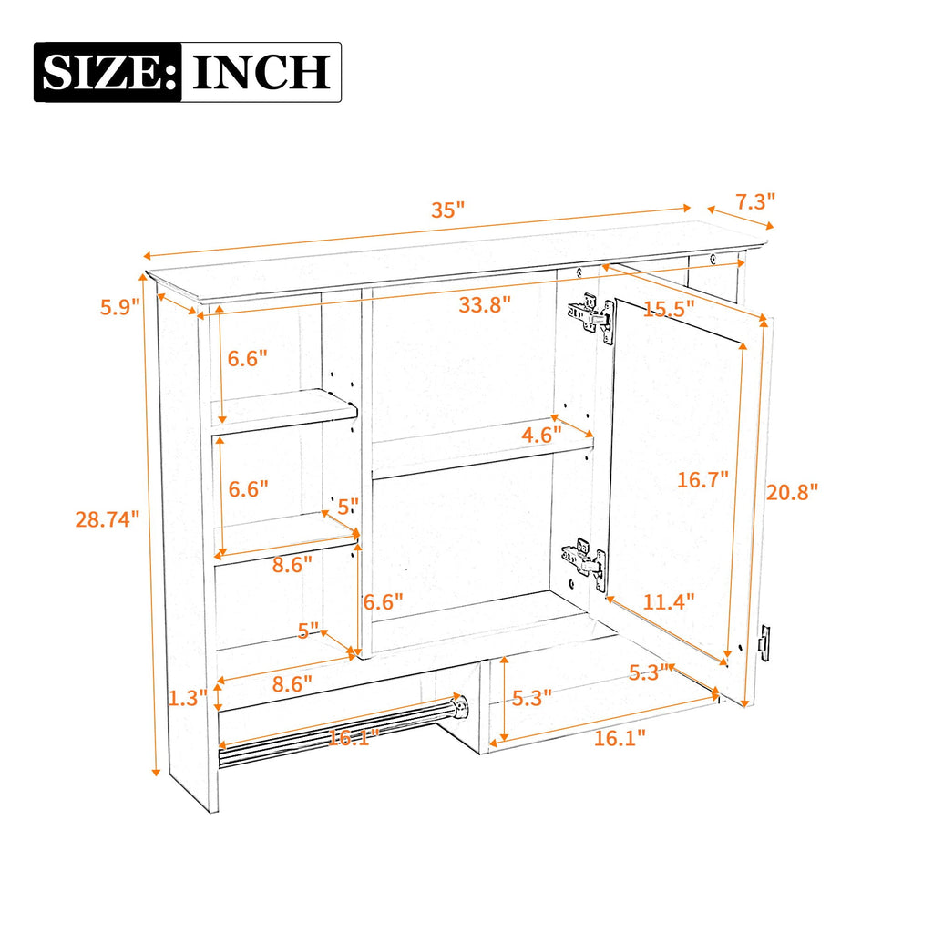 Wall Mount 2 In 1 Mirror Cabinet With Adjustable Shelves, Open Storage, For Bathroom Vanity - White