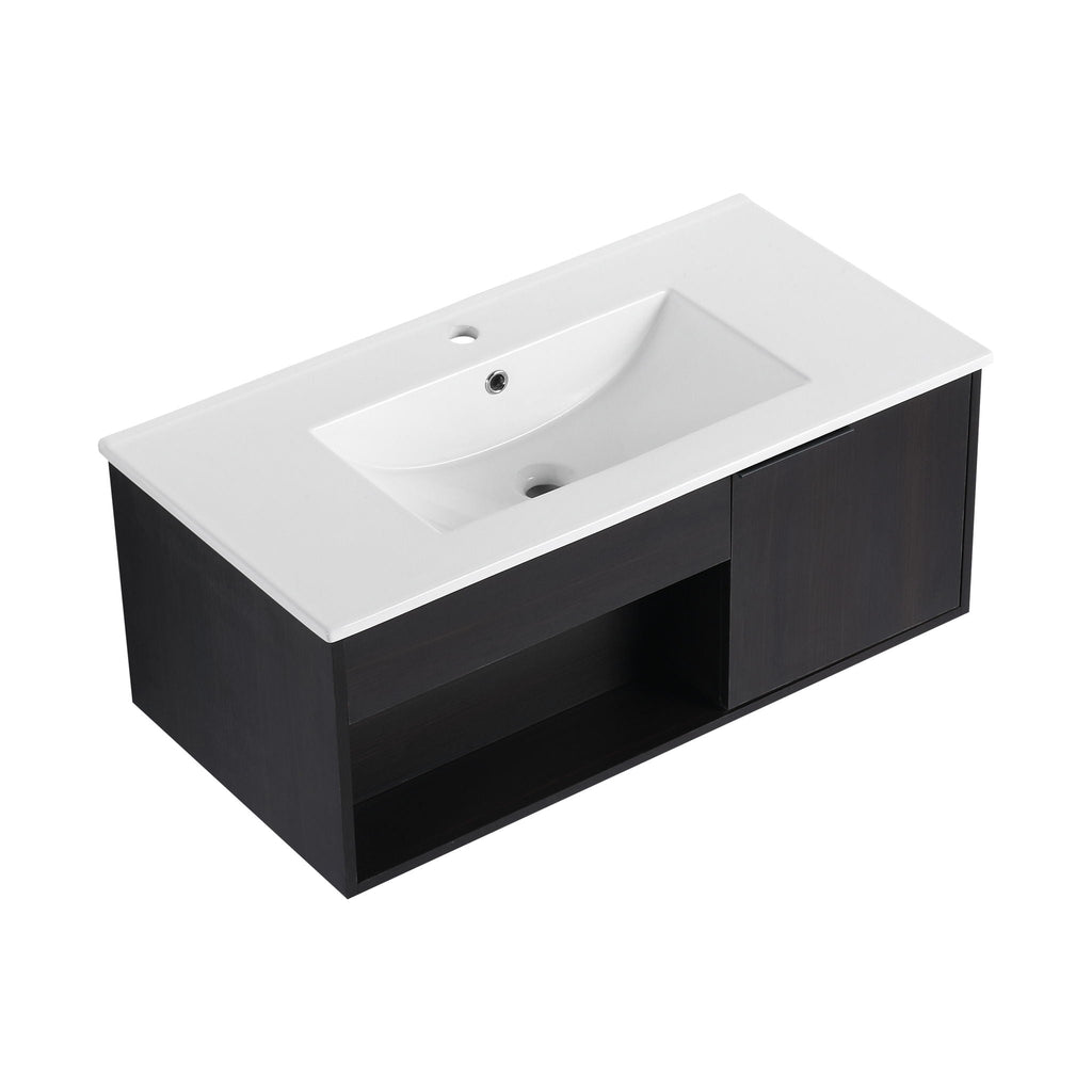 Wall Mounted Floating Bathroom Vanity With Open Shelf & Soft Close Door