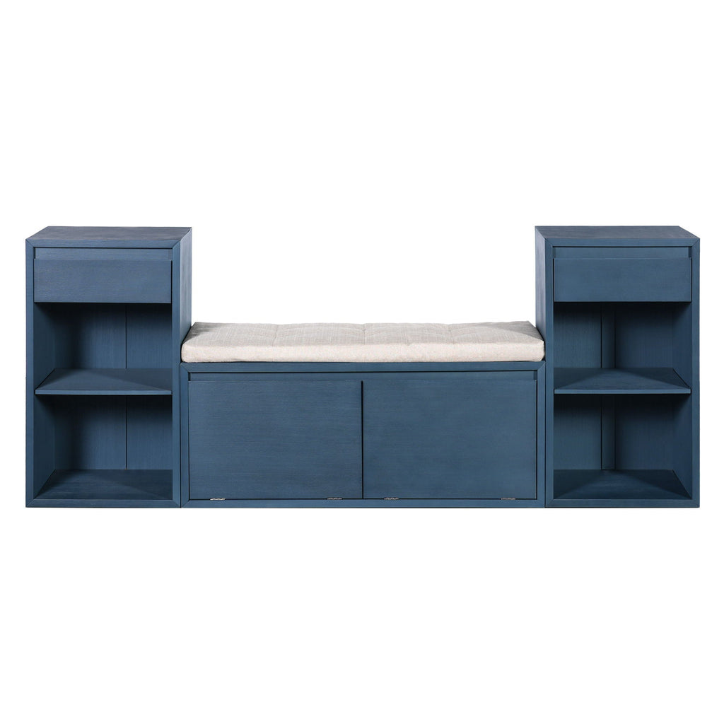 Entryway Storage Bench With Cushion, Drawers & Open Shelves