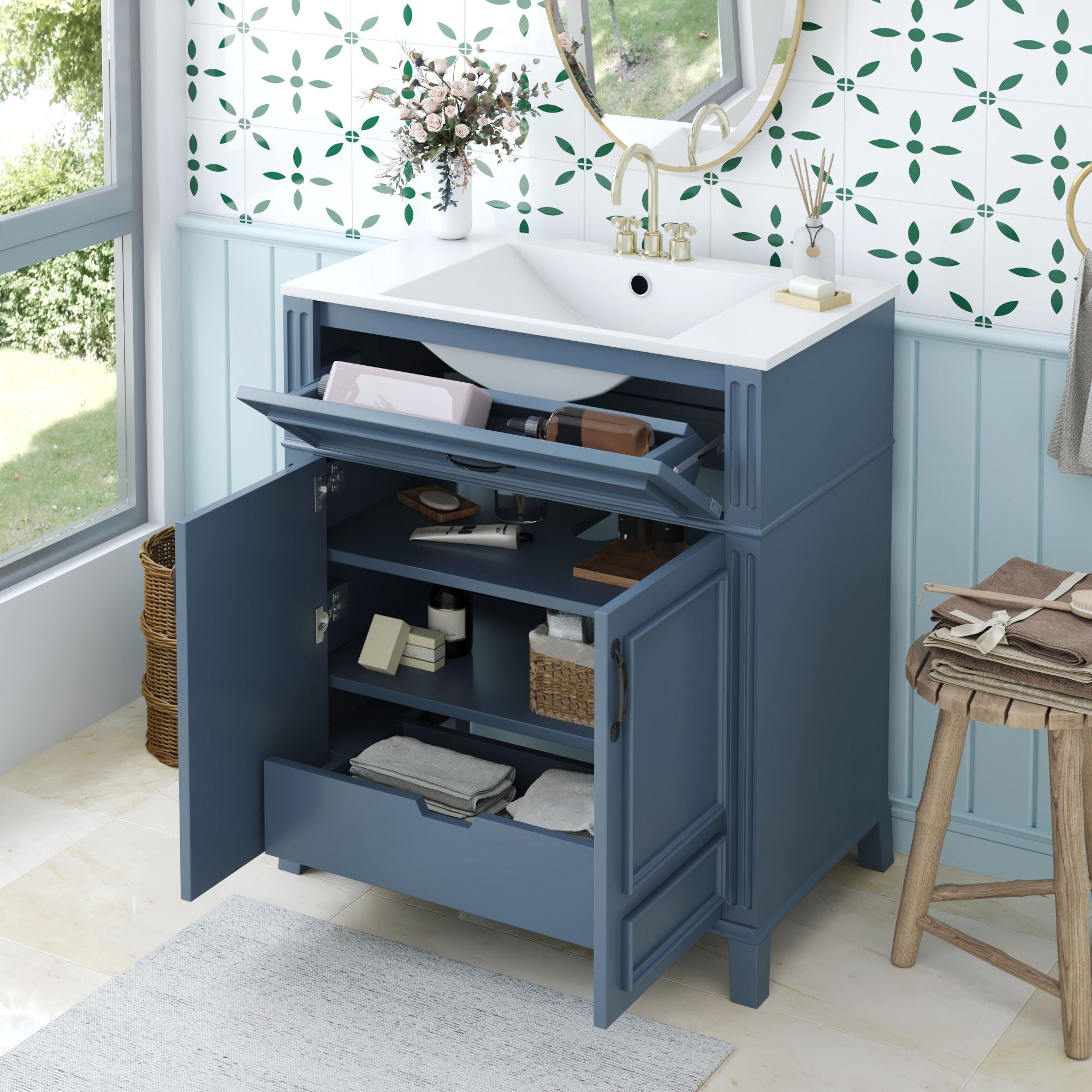 Bathroom Vanity With Sink Storage Cabinet - Blue