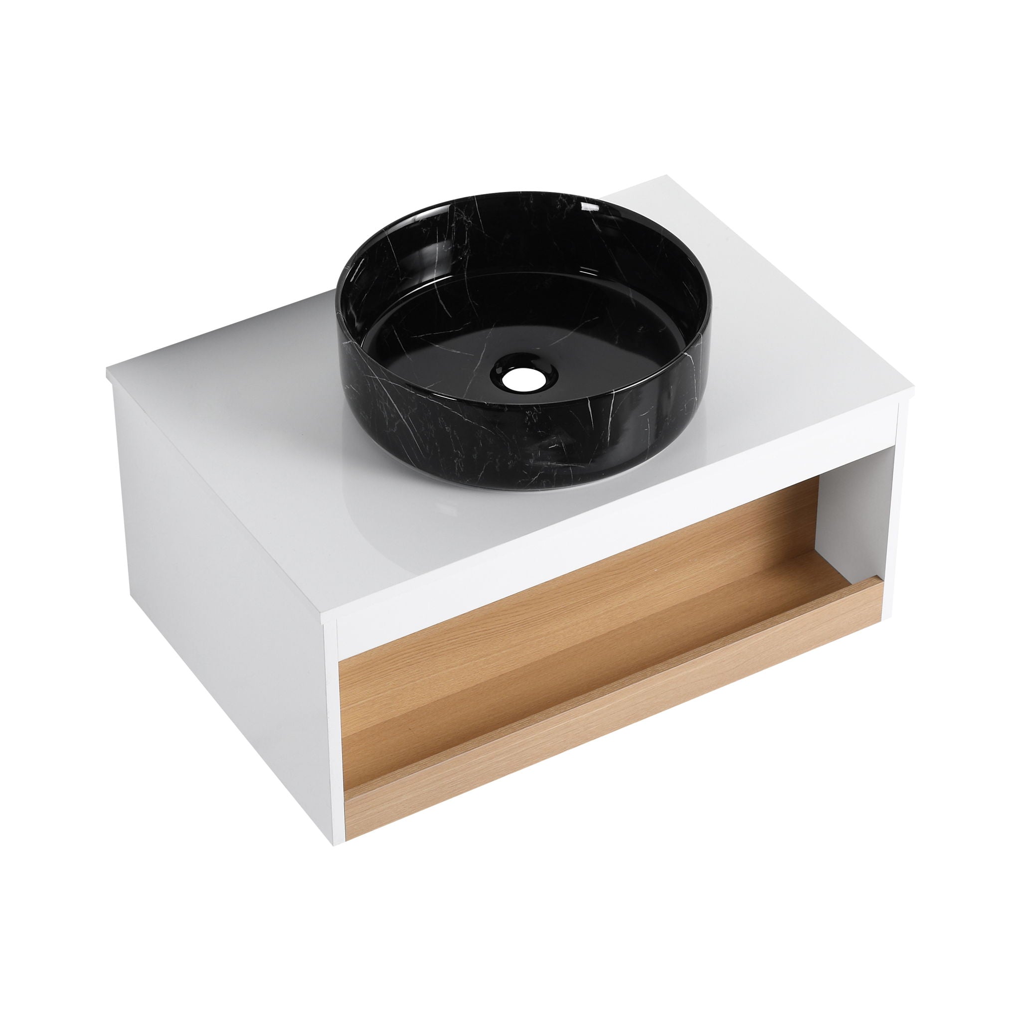 Floating Bathroom Vanity With Vessel Sink With Open Shelf Storage