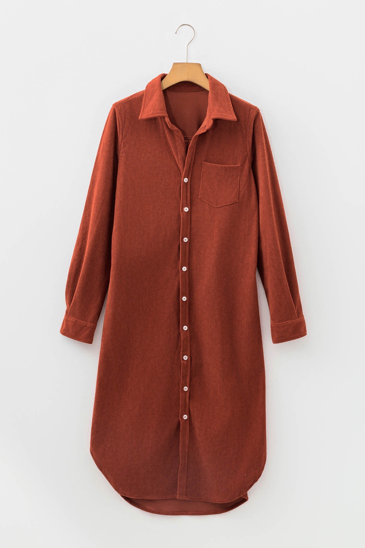 Solid Corduroy Button Front Long Sleeve Midi Dress