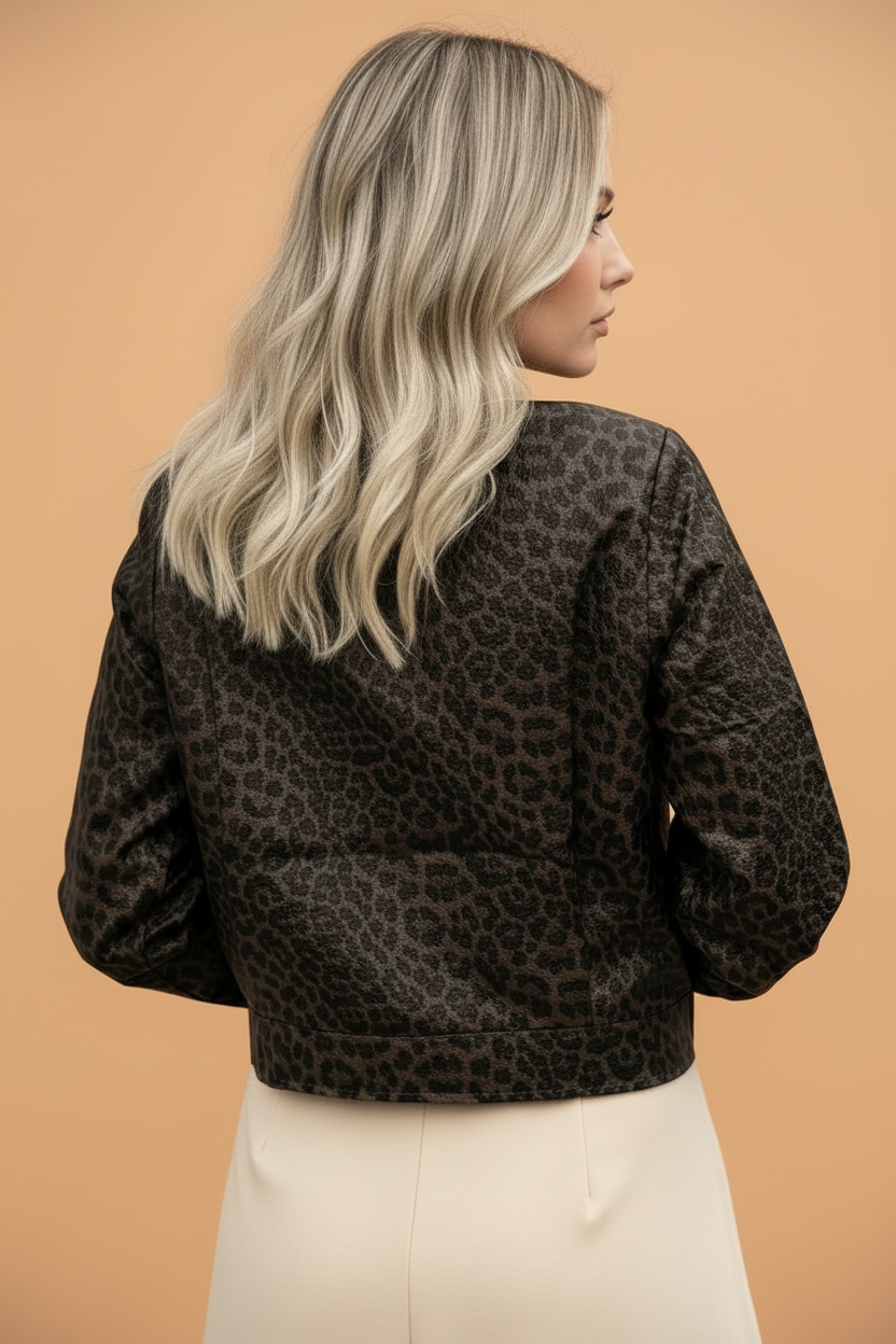 Leopard Colorblock Collar Faux Leather Zip Up Jacket