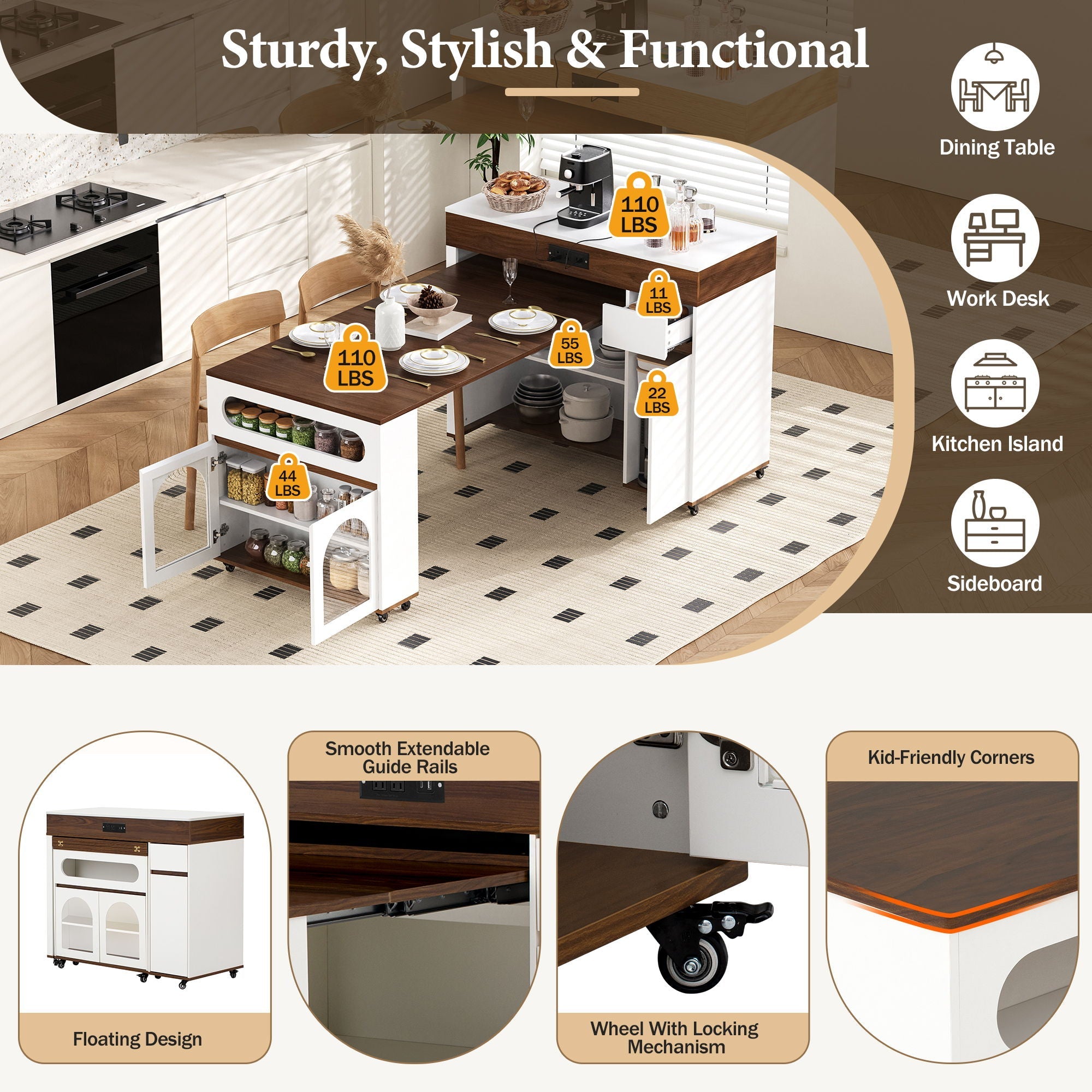 Extendable Dining Table With Folding Top, Rolling Kitchen Island With Drawers And Power Outlet