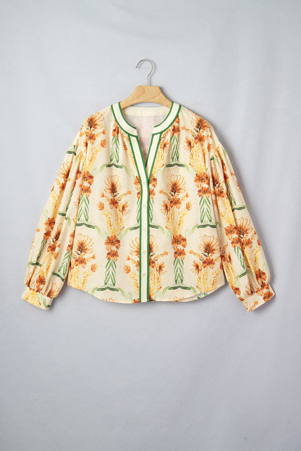 Floral Stripe Contrast V-Neck Puff Long Sleeve Blouse