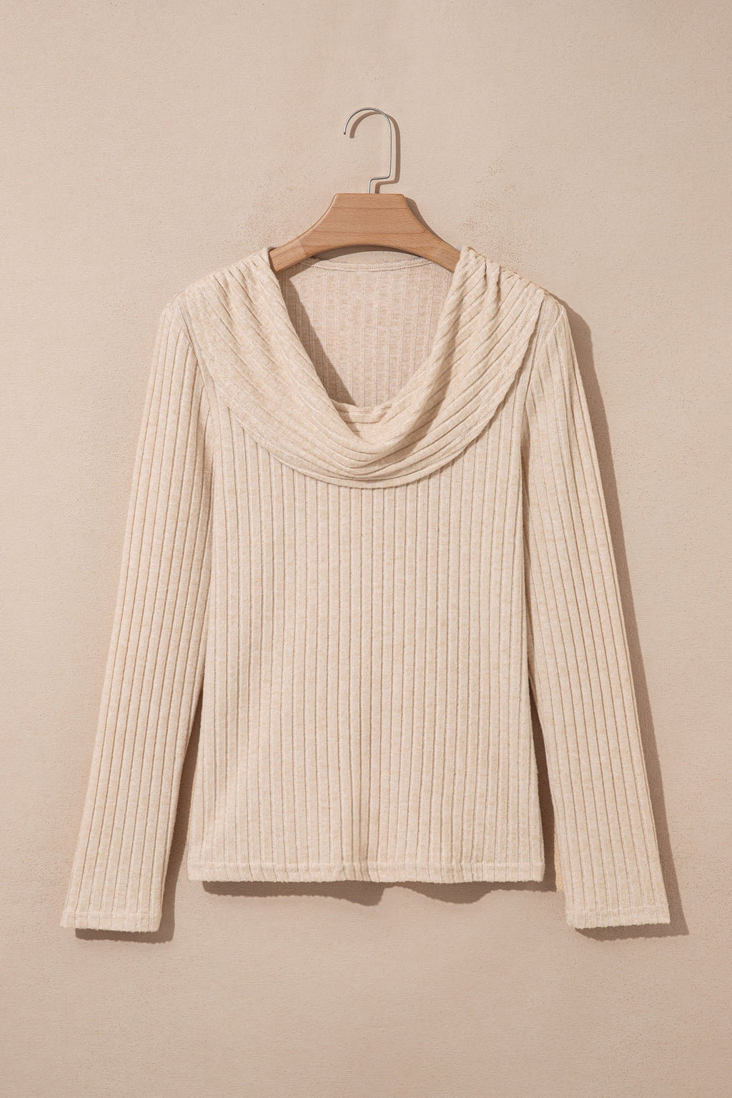 Solid Ribbed Knit Cowl Neck Long Sleeve Top