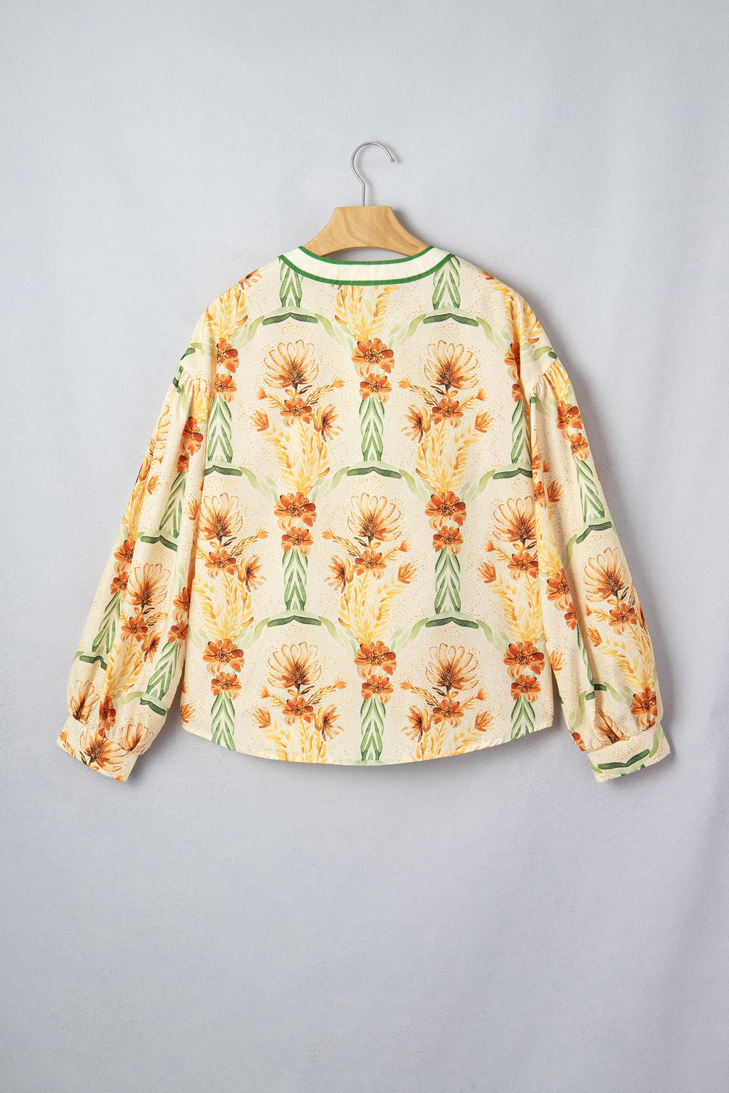Floral Stripe Contrast V-Neck Puff Long Sleeve Blouse