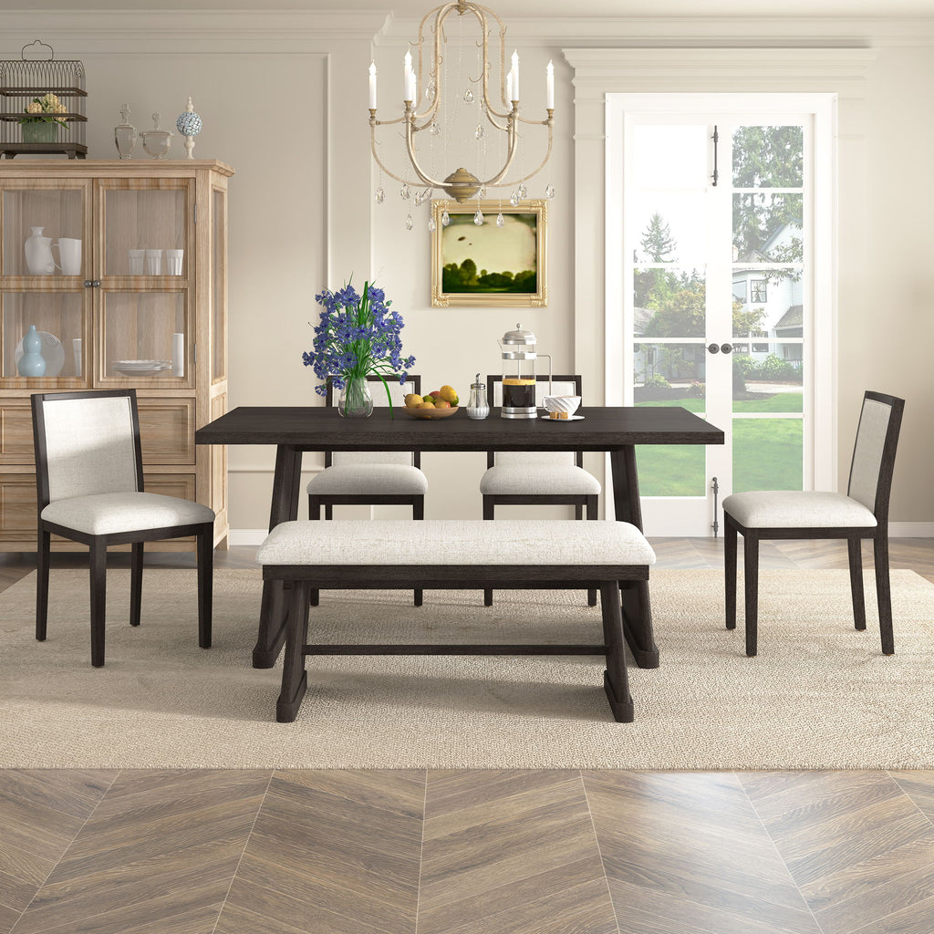 Dining Set With Rectangular Table, 4 Upholstered Chairs & 1 Padded Bench