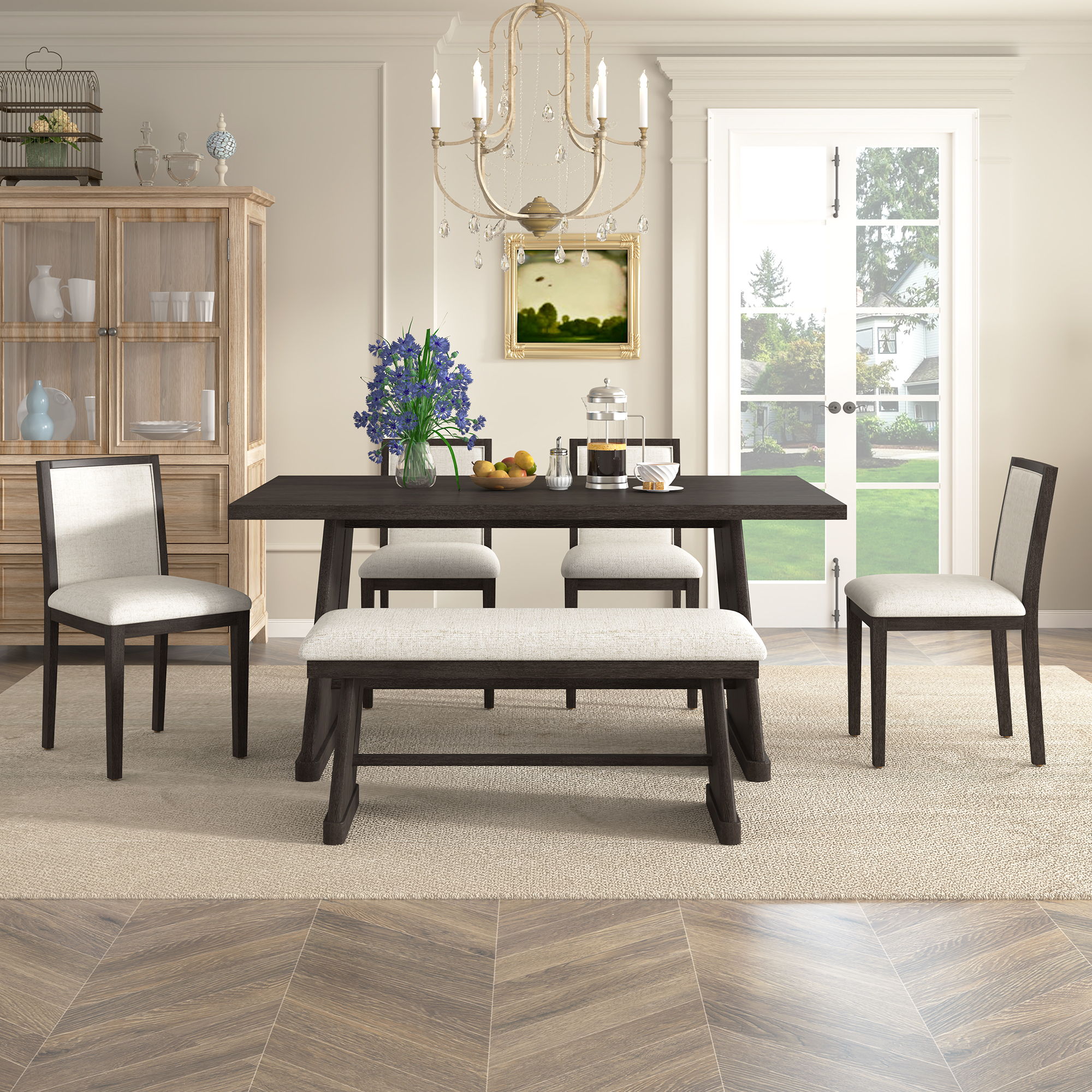 Dining Set With Rectangular Table, 4 Upholstered Chairs & 1 Padded Bench