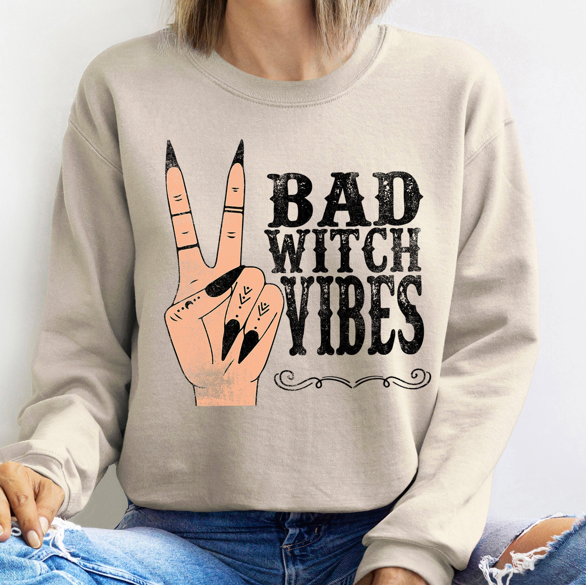 Bad Witch Vibes Halloween Seasonal Mystic Moonlit Festive Spirits Dark Magic Inspired Sweatshirt