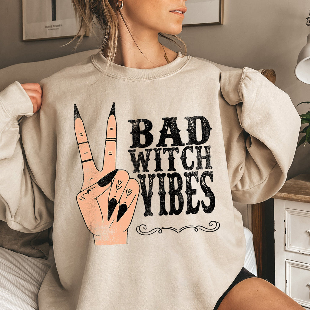 Bad Witch Vibes Halloween Seasonal Mystic Moonlit Festive Spirits Dark Magic Inspired Sweatshirt