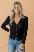 Solid Eyelet Knit Long Sleeve V-Neck Blouse