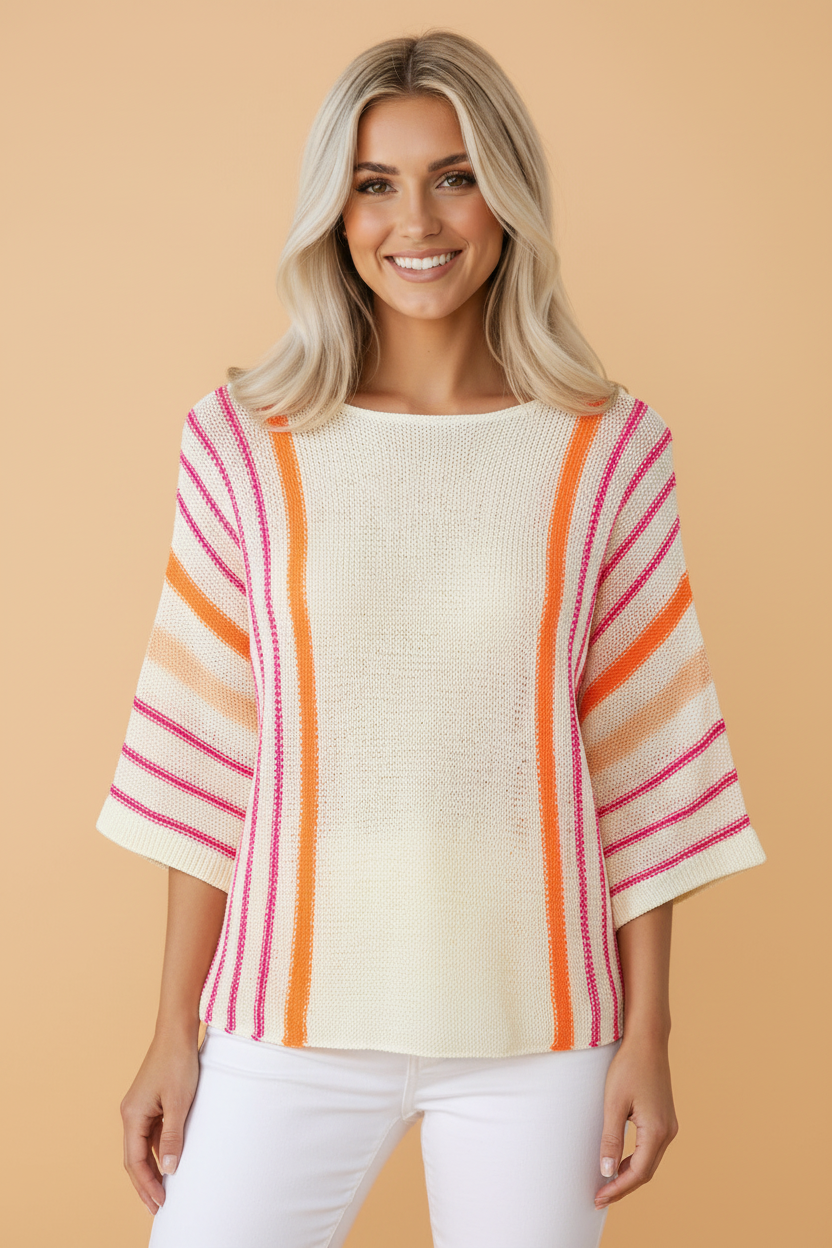 Stripe Detail Wide 3/4 Sleeve Knit Top