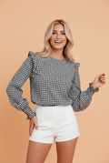 Gingham Shirred Cuff Long Sleeve Round Neck Blouse
