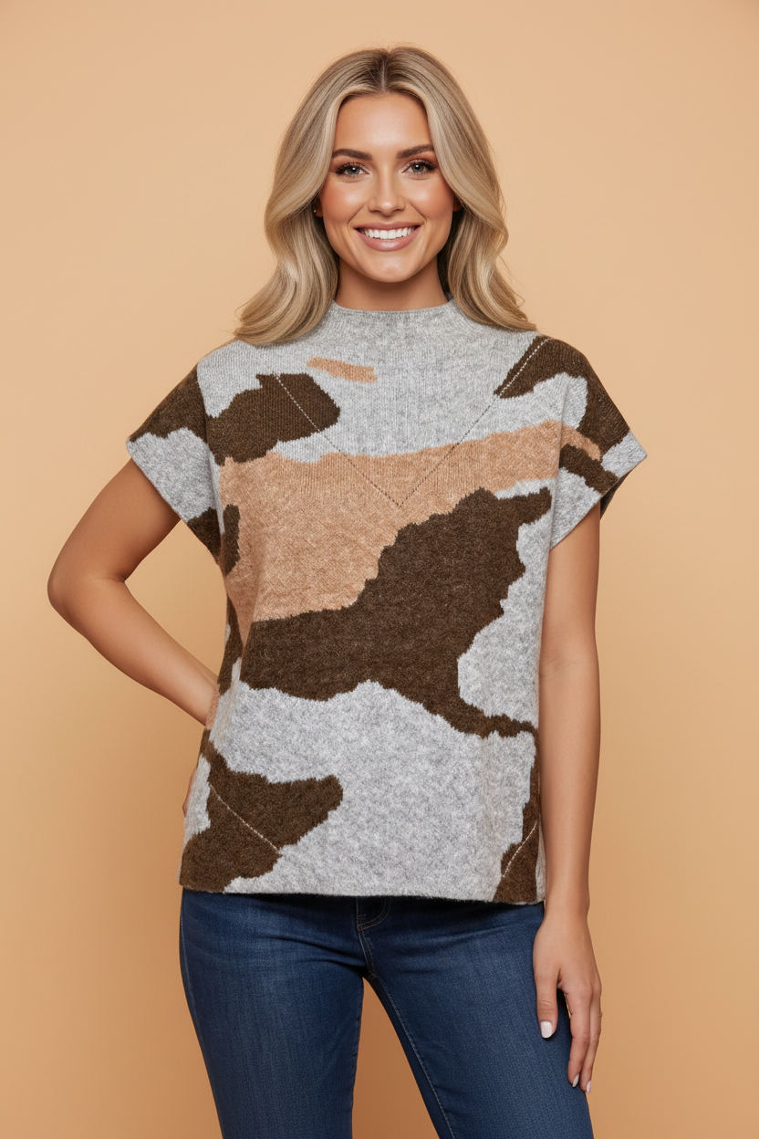 Camo Drop Shoulder High Neck Short Sleeve Sweater