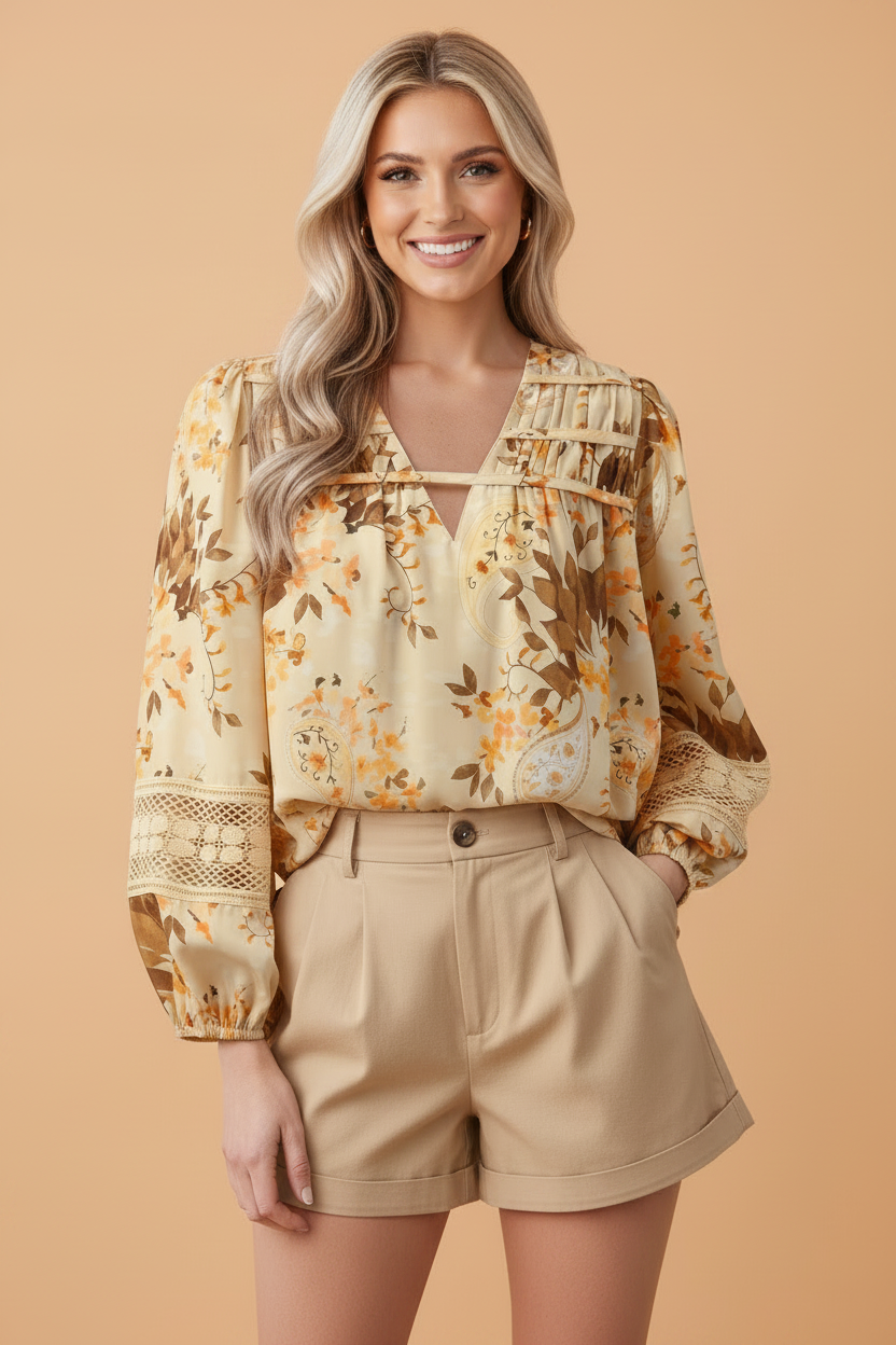 Paisley Lace Patchwork Long Sleeve V-Neck Blouse