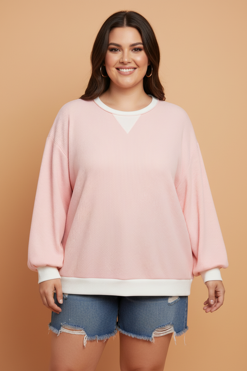 Plus Size Colorblock Ribbed Knit Long Sleeve Blouse