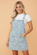 Floral Denim Patch Pocket Overall Mini Dress