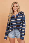 Stripe Drop Shoulder Buttoned Knit Cardigan