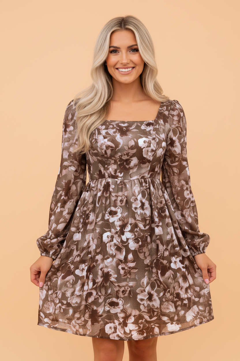 Floral Smocked Square Neck Long Sleeve Mini Dress
