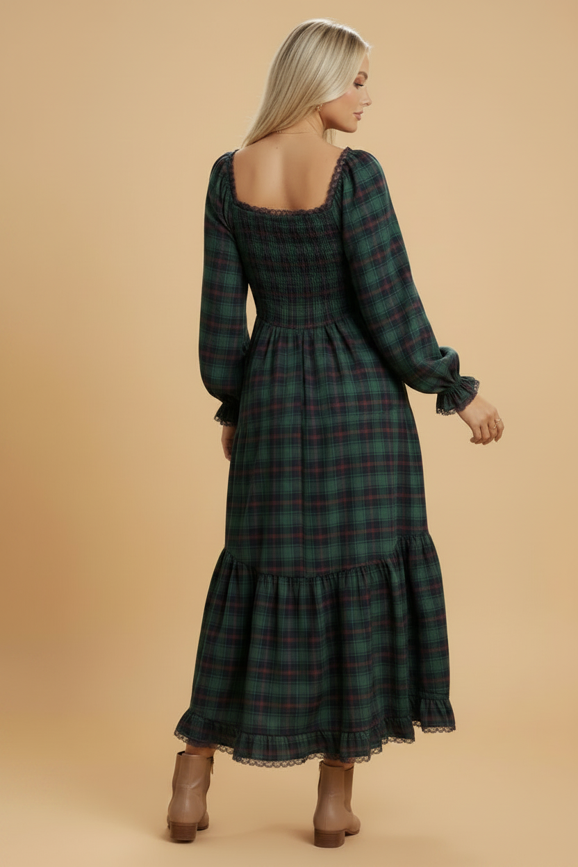 Plaid Lace Trim Long Sleeve Maxi Dress