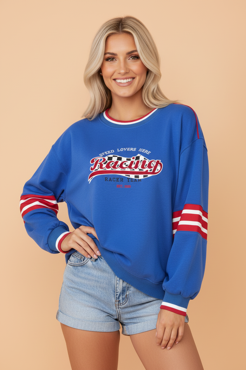 Racing Graphic Embroidered Patch Long Sleeve Sweatshirt