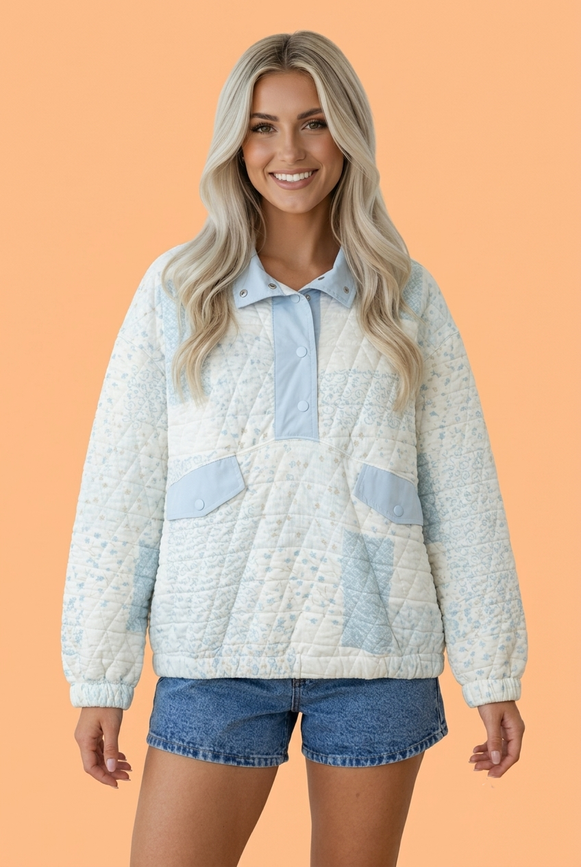 Floral Quilted Half Button Pocket Pullover Sweatshirt