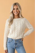 Solid Cable Knit Round Neck Long Sleeve Sweater