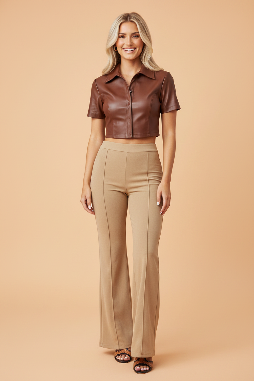 Solid High Waist Exposed Seam Bootcut Pants