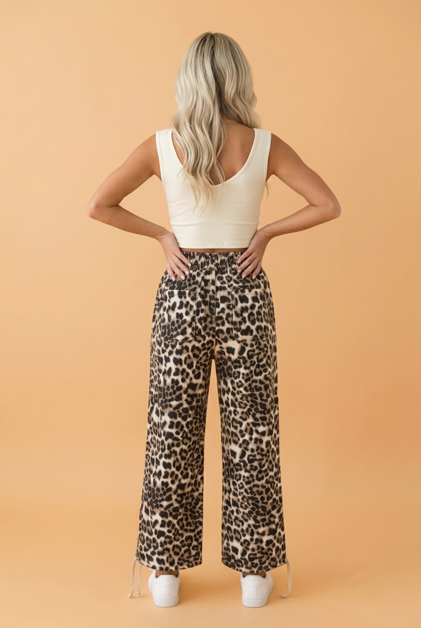 Leopard Drawstring Elastic Waist Pocket Denim Jogger Pants