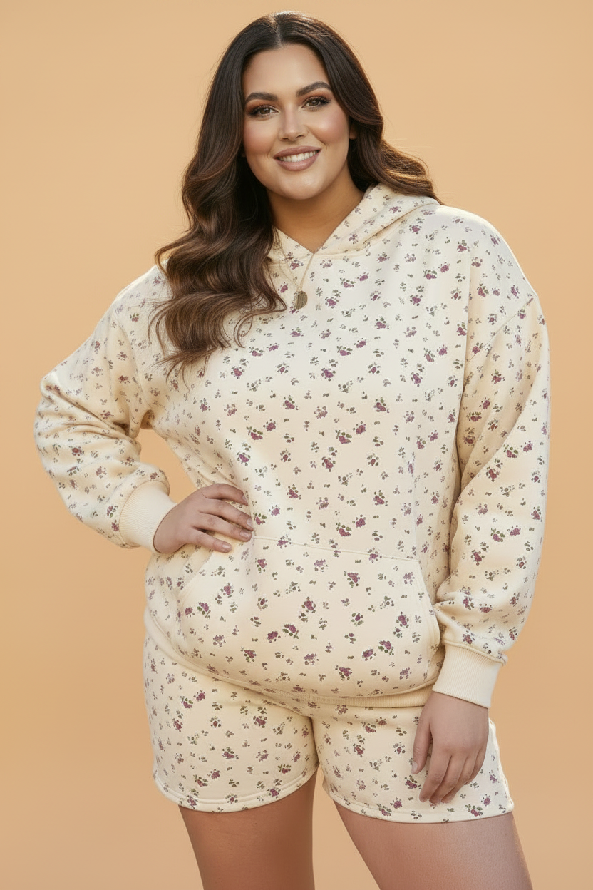 Plus Size Floral Kangaroo Pocket Hoodie Top & Shorts Set