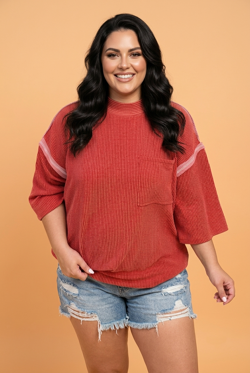 Plus Size Corded Knit Round Neck 3/4 Sleeve Blouse