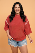 Plus Size Corded Knit Round Neck 3/4 Sleeve Blouse